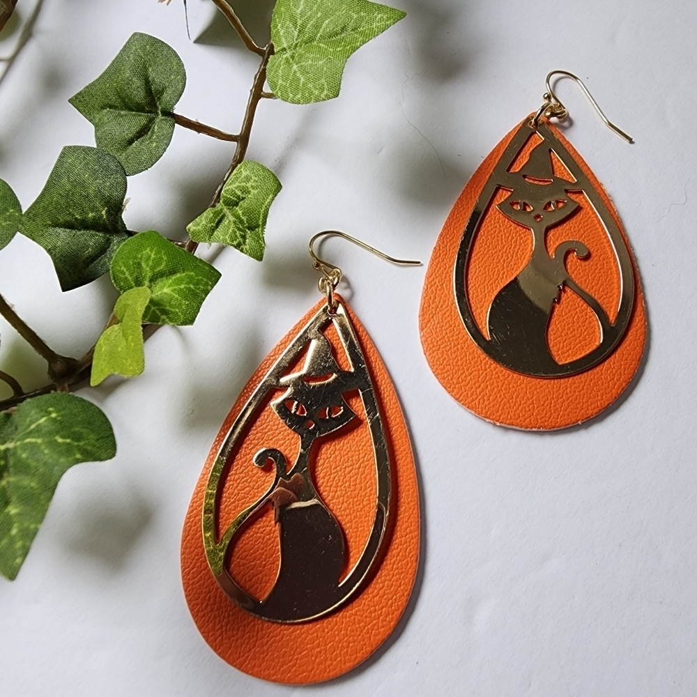 Gold Witch Cat Silhouette on Orange Teardrop Earrings